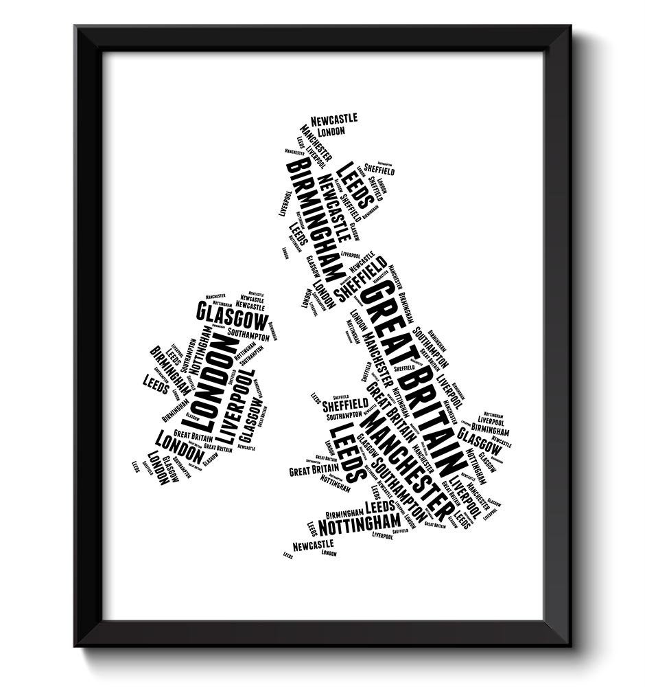 Great Britain Map Text Words Poster Print Black White United Kingdom Modern Abstract Landscape Art P