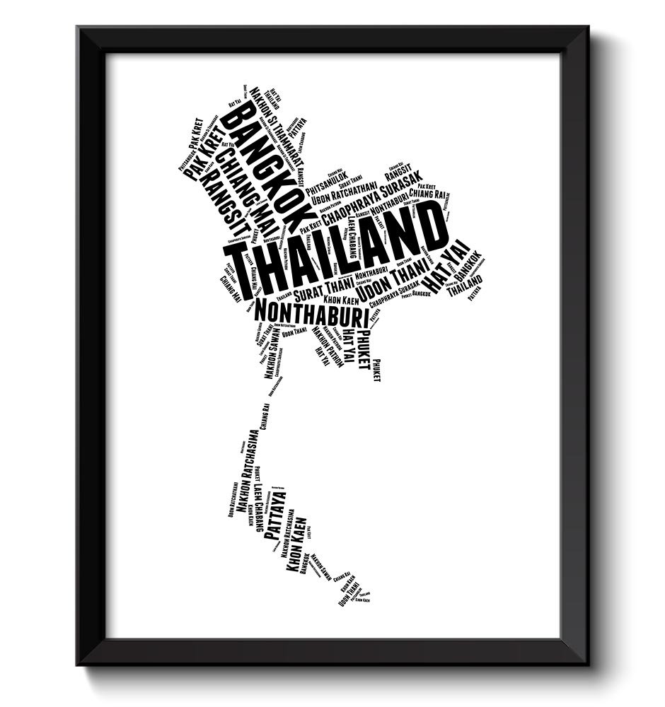 Thailand Text Word Cloud Map Black White Typography Poster Print Country Asia Modern Abstract Landsc