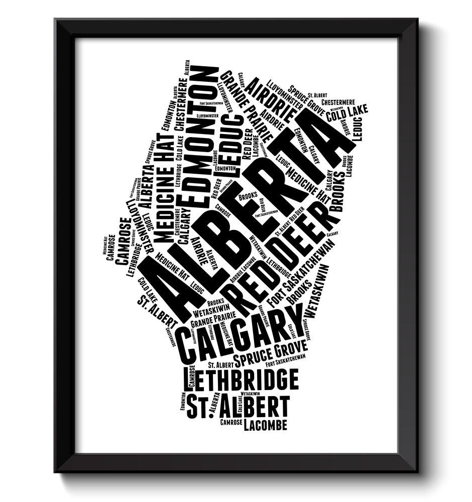 Alberta Map Province Canada Text Words Watercolor Poster Print Black White Modern Landscape Art Pain