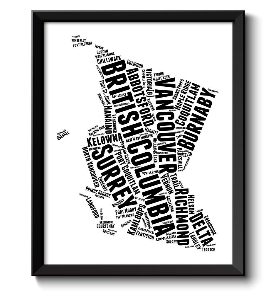 British Columbia BC Map Province Canada Text Words Watercolor Poster Print Black White Landscape Art