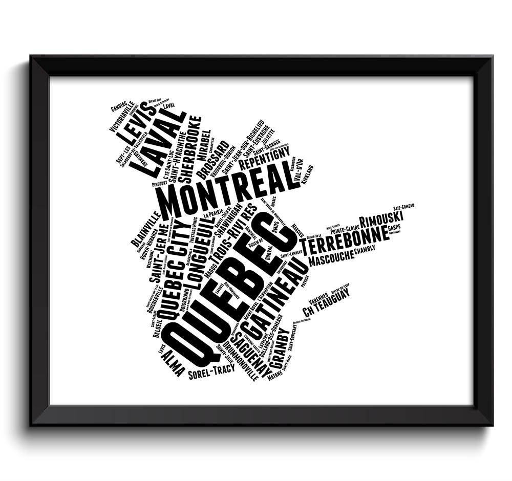 Quebec Map Province Canada Text Words Watercolor Poster Print Black White Modern Abstract Landscape 