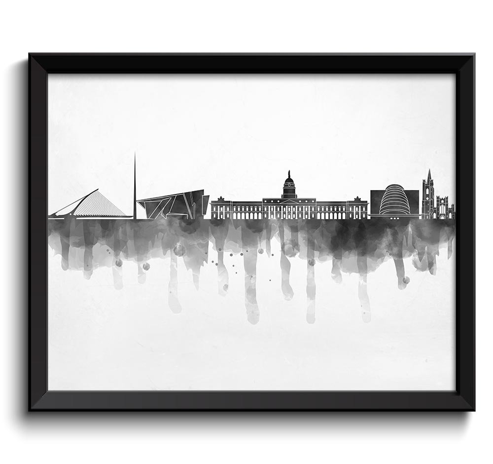 Dublin Skyline City Cityscape Black White Grey Ireland Europe Famous Landmarks Poster Print Abstract