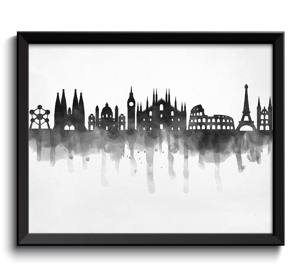 Europe Skyline City Black White Grey Cityscape Famous Landmarks Poster Print Modern Abstract Landsca