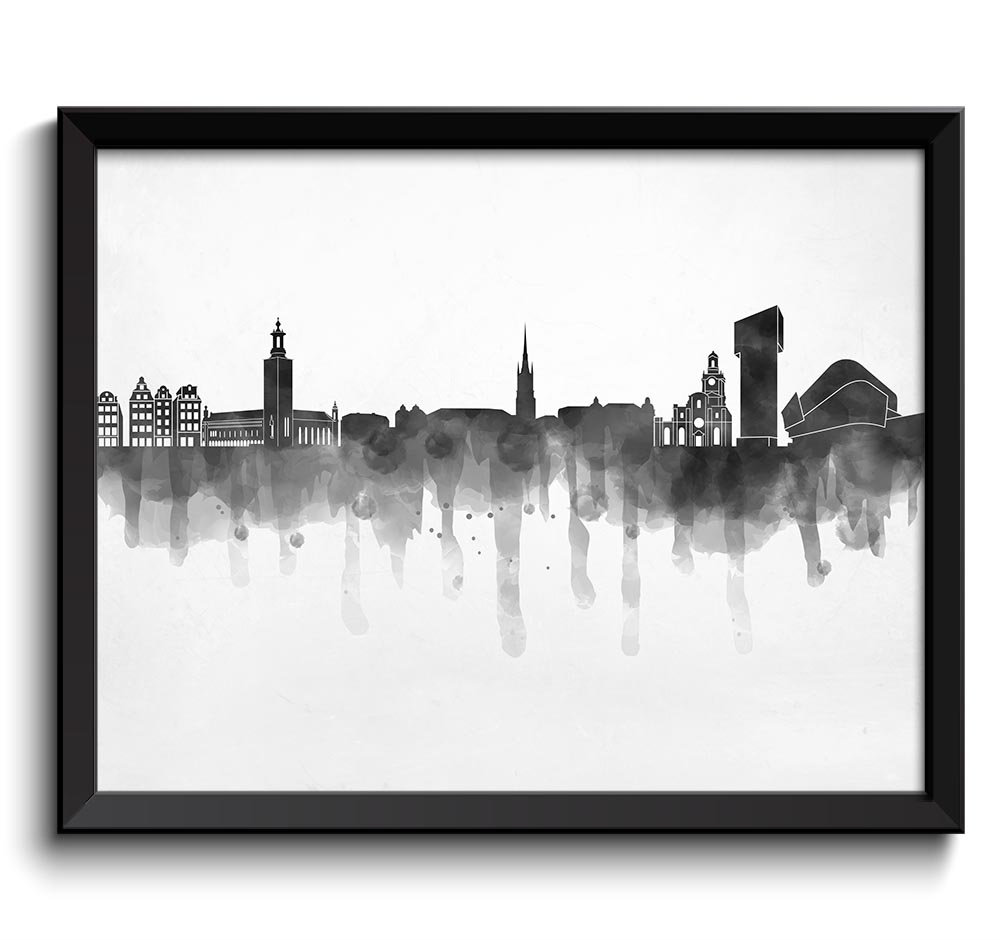 Stockholm Skyline City Black White Grey Cityscape Sweden Europe Famous Landmarks Poster Print Landsc