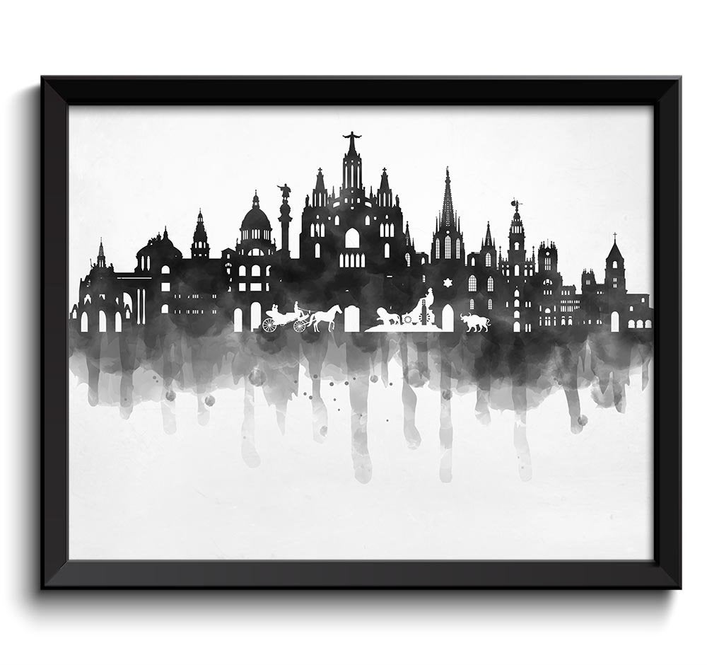 Spain Skyline City Black White Grey Cityscape Europe Famous Landmarks Poster Print Modern Abstract L