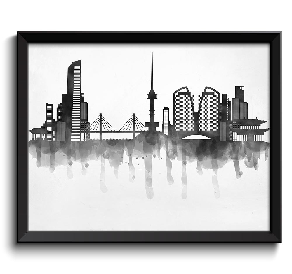 Seoul Skyline City Black White Grey Cityscape Print Poster South Korea Asia Modern Abstract Landscap