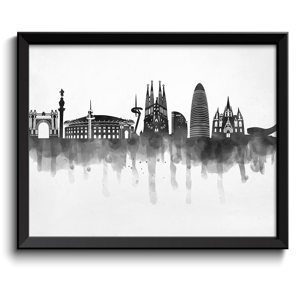 Barcelona Skyline City Black White Grey Cityscape Poster Print Spain Europe Modern Abstract Landscap