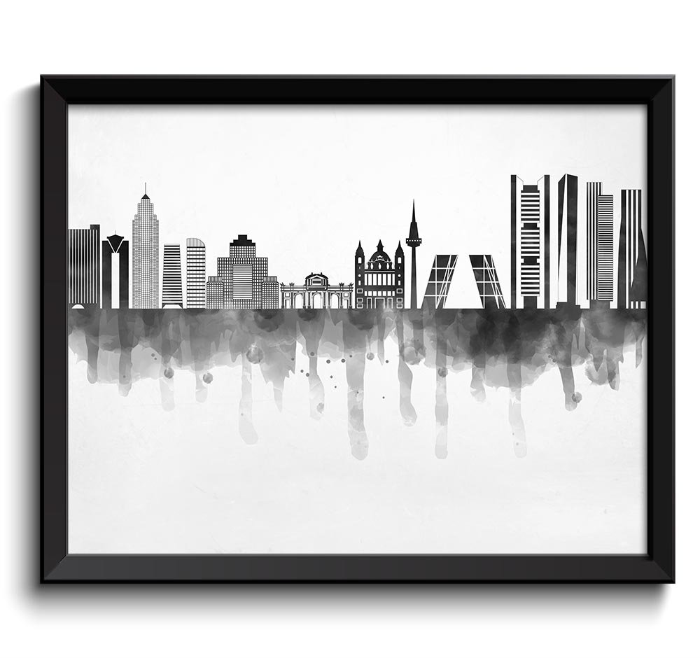 Madrid Skyline City Black White Grey Cityscape Spain Europe Famous Landmarks Poster Print Abstract L