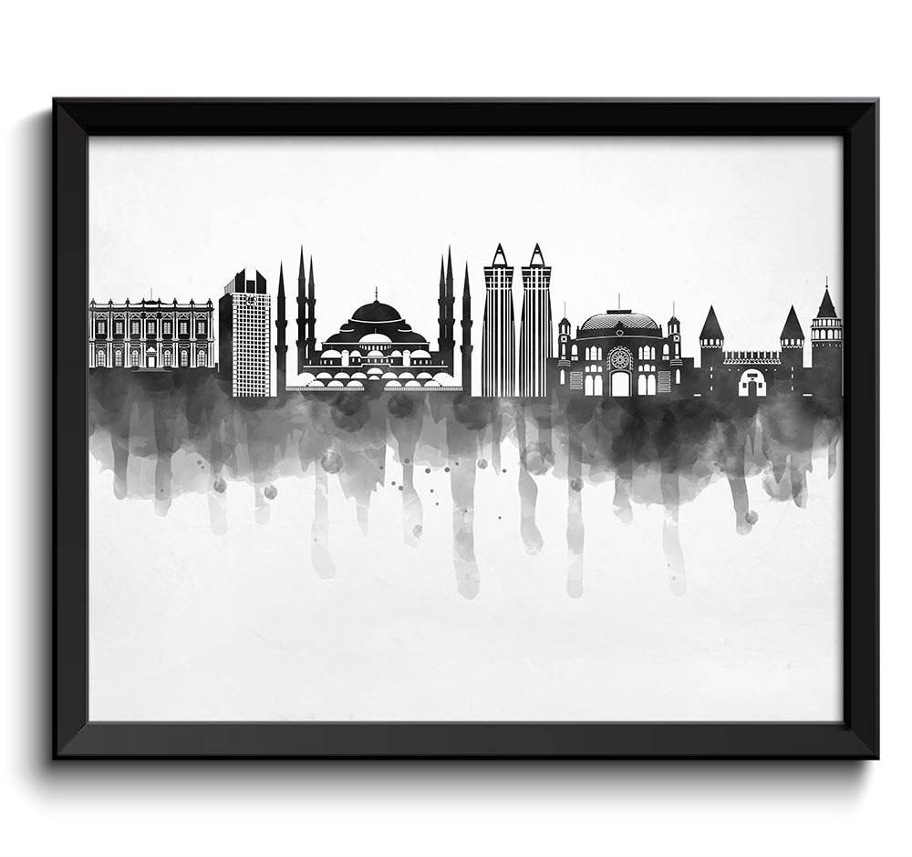 Istanbul Skyline City Turkey Black White Grey Cityscape Poster Print Modern Abstract Landscape Art P