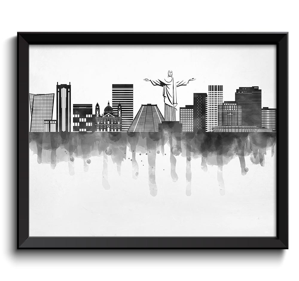 Rio de Janeiro Skyline City Black White Grey Cityscape Poster Print Brazil South America Abstract La