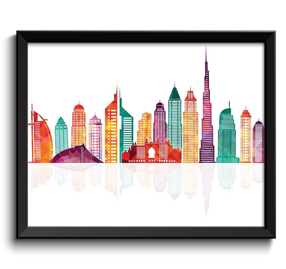 Dubai Skyline Green Blue Teal Pink Purple Peach United Arab Emirates Cityscape Art Print Poster Land