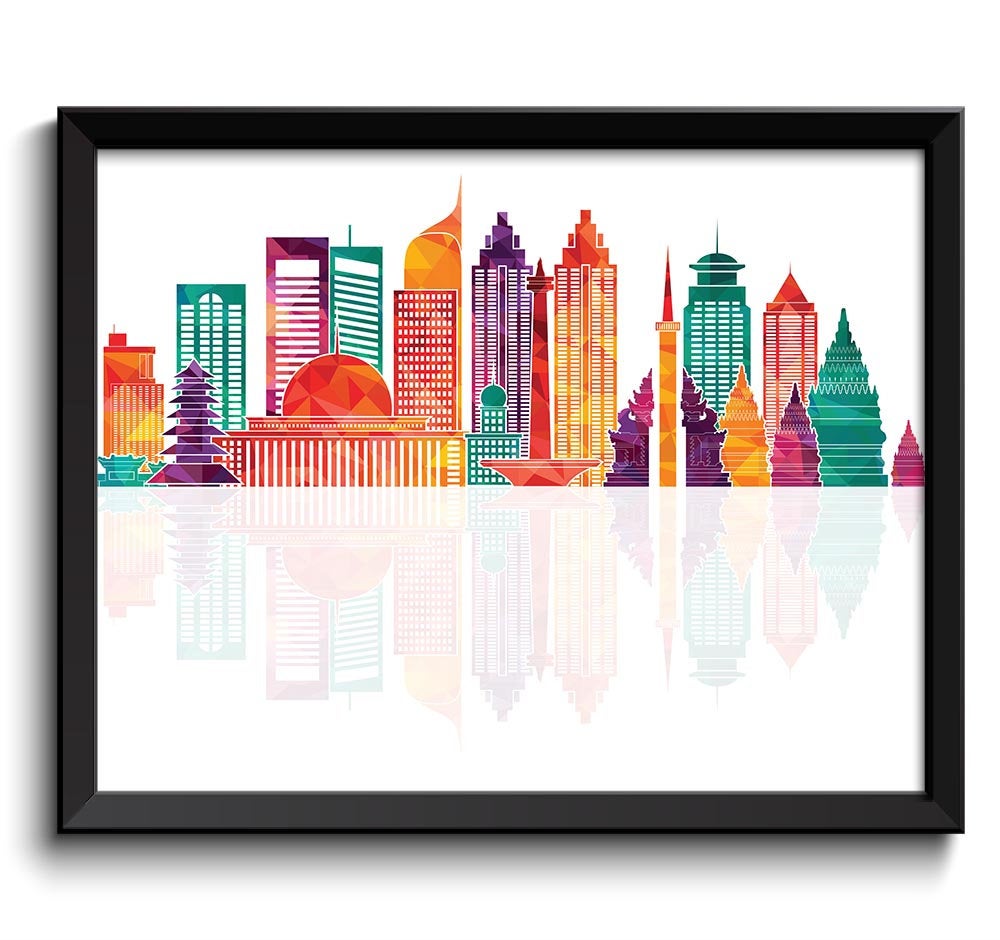 Jakarta Skyline Green Blue Teal Purple Peach City Turkey Colorful Cityscape Poster Print Indonesia L