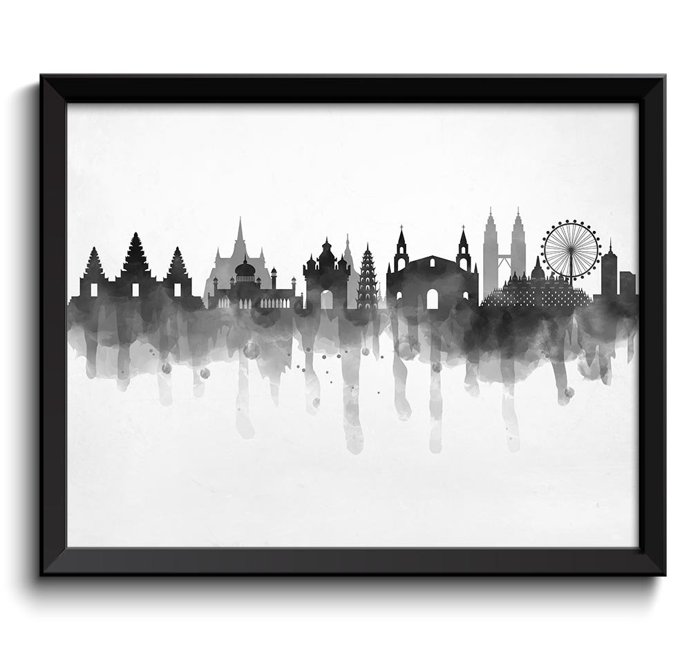 Asia Skyline City Black White Grey Cityscape Famous Landmarks Poster Print Modern Abstract Landscape