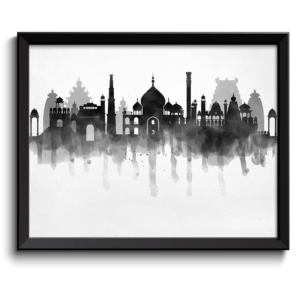 India Skyline City Black White Grey Cityscape Famous Landmarks Poster Print Modern Abstract Landscap