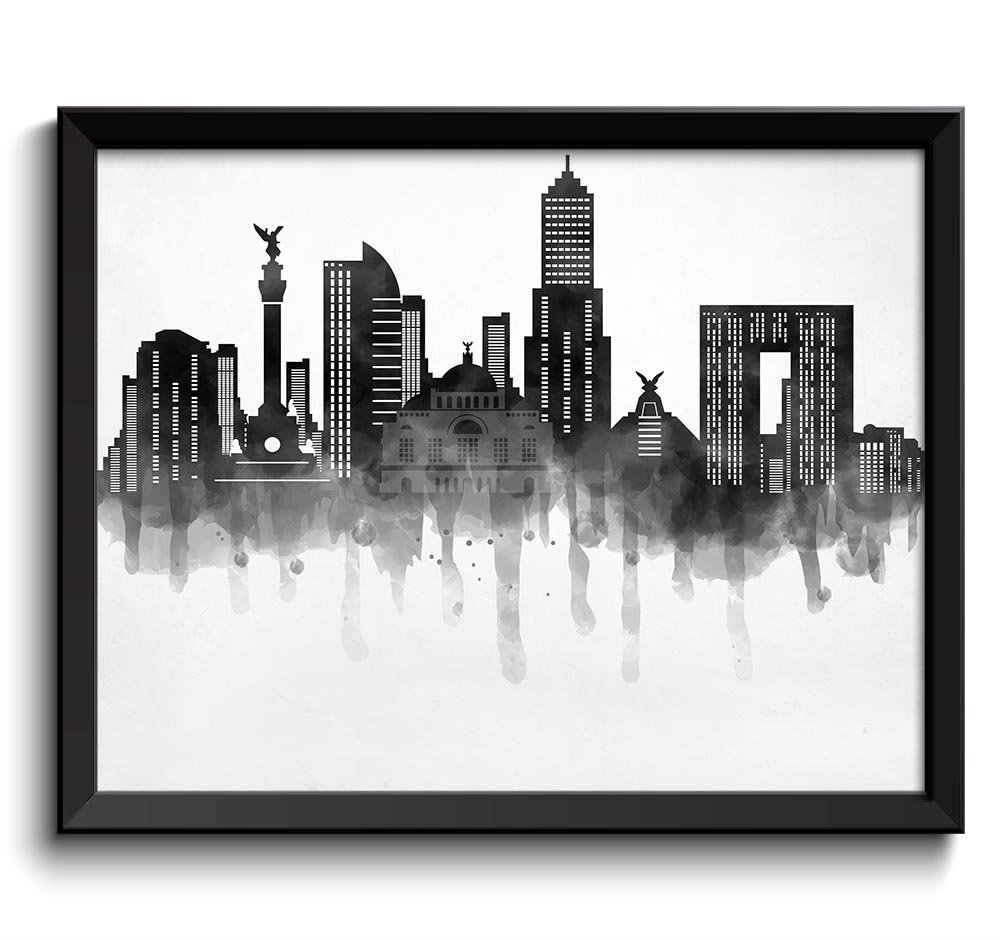 Mexico City Skyline Black White Grey Cityscape Famous Landmarks Poster Print South America Abstract 