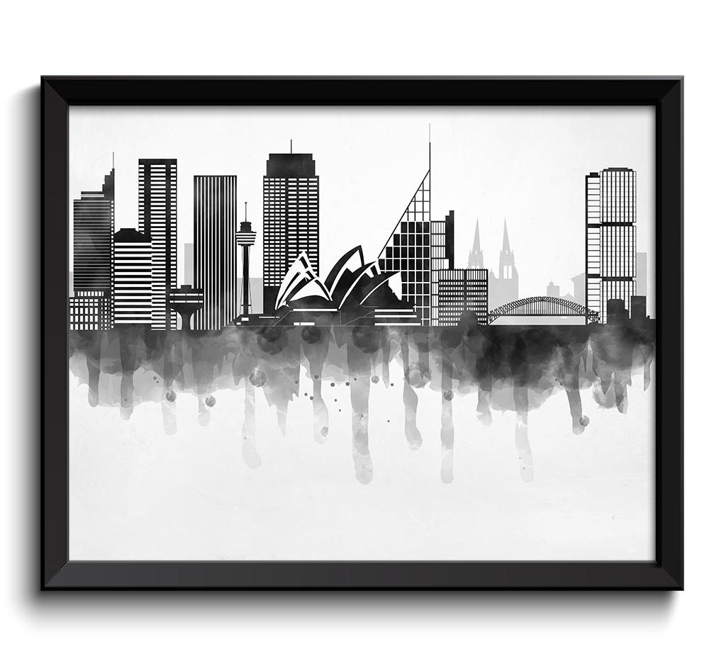 Sydney Skyline City Black White Grey Cityscape Poster Print Australia Modern Abstract Landscape Art 