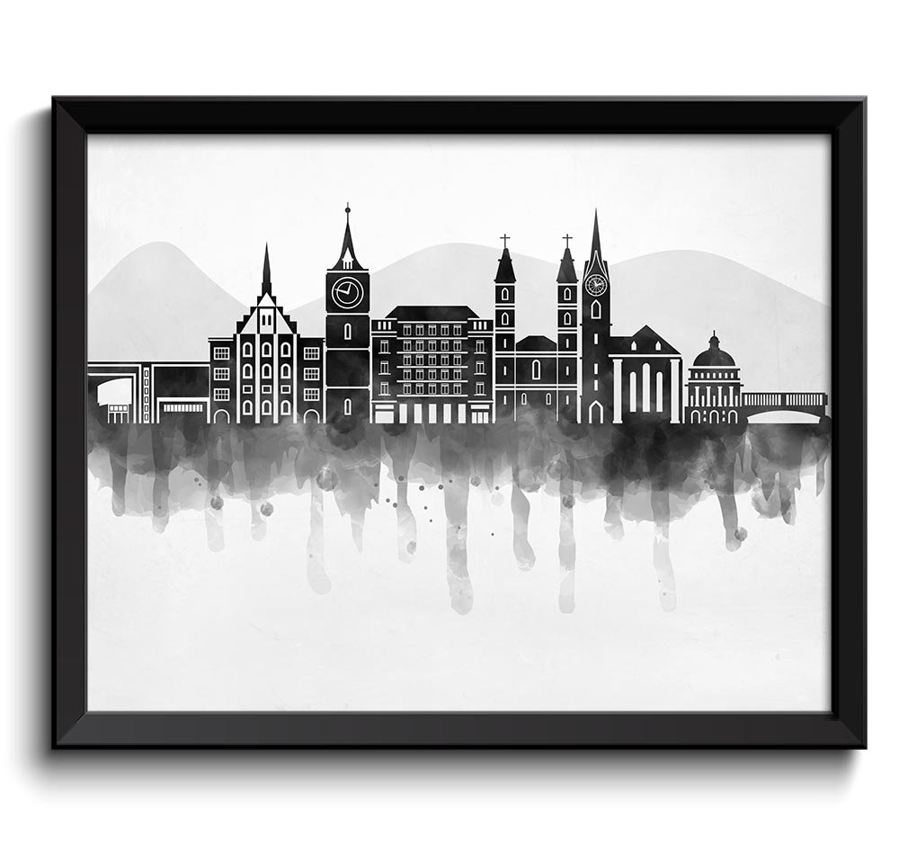 Zurich City Skyline Black White Grey Cityscape Switzerland Europe Famous Landmarks Poster Print Land