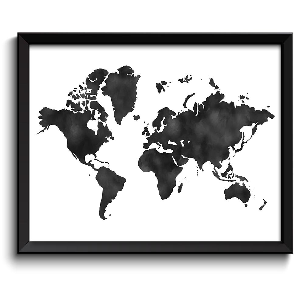 World Map Print Black White Grey Watercolor Poster Print Globe Modern Abstract Landscape Art Paintin