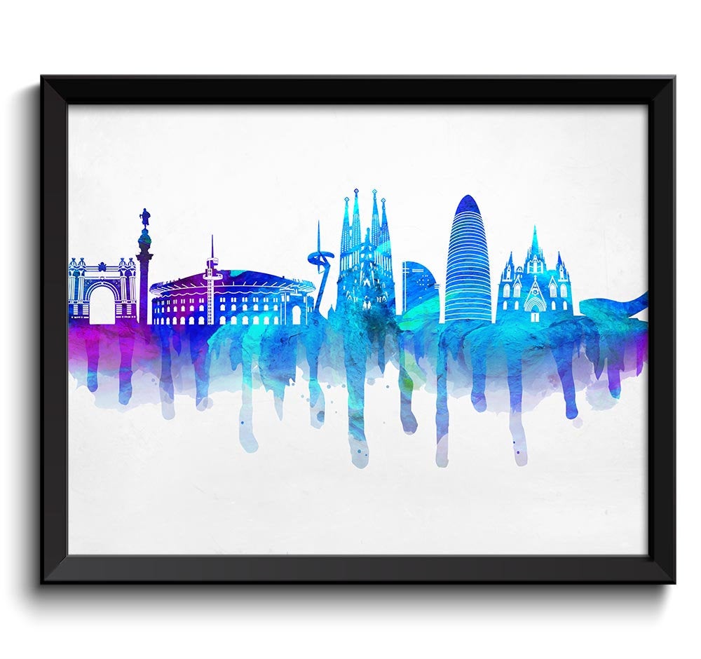 Barcelona Skyline City Turquoise Blue Purple Cityscape Poster Print Spain Europe Modern Abstract Lan