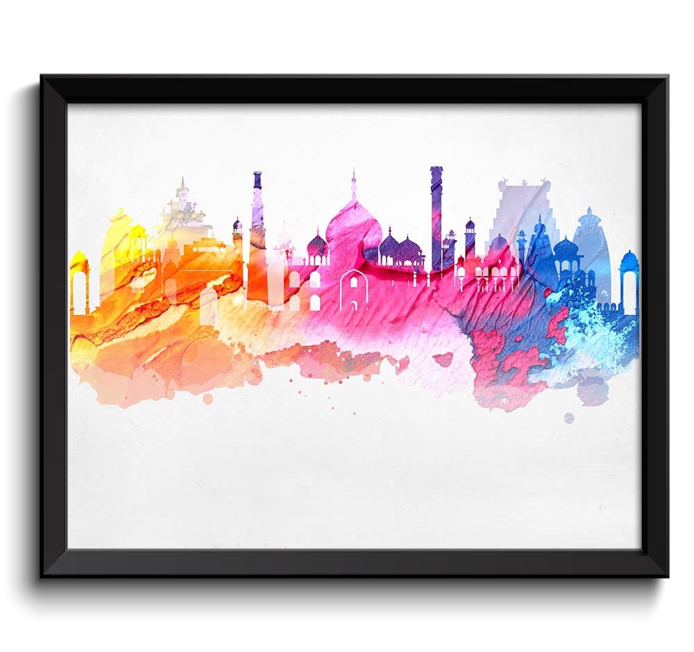 India Skyline City Pink Blue Orange Coral Cityscape Famous Landmarks Poster Print Modern Abstract La