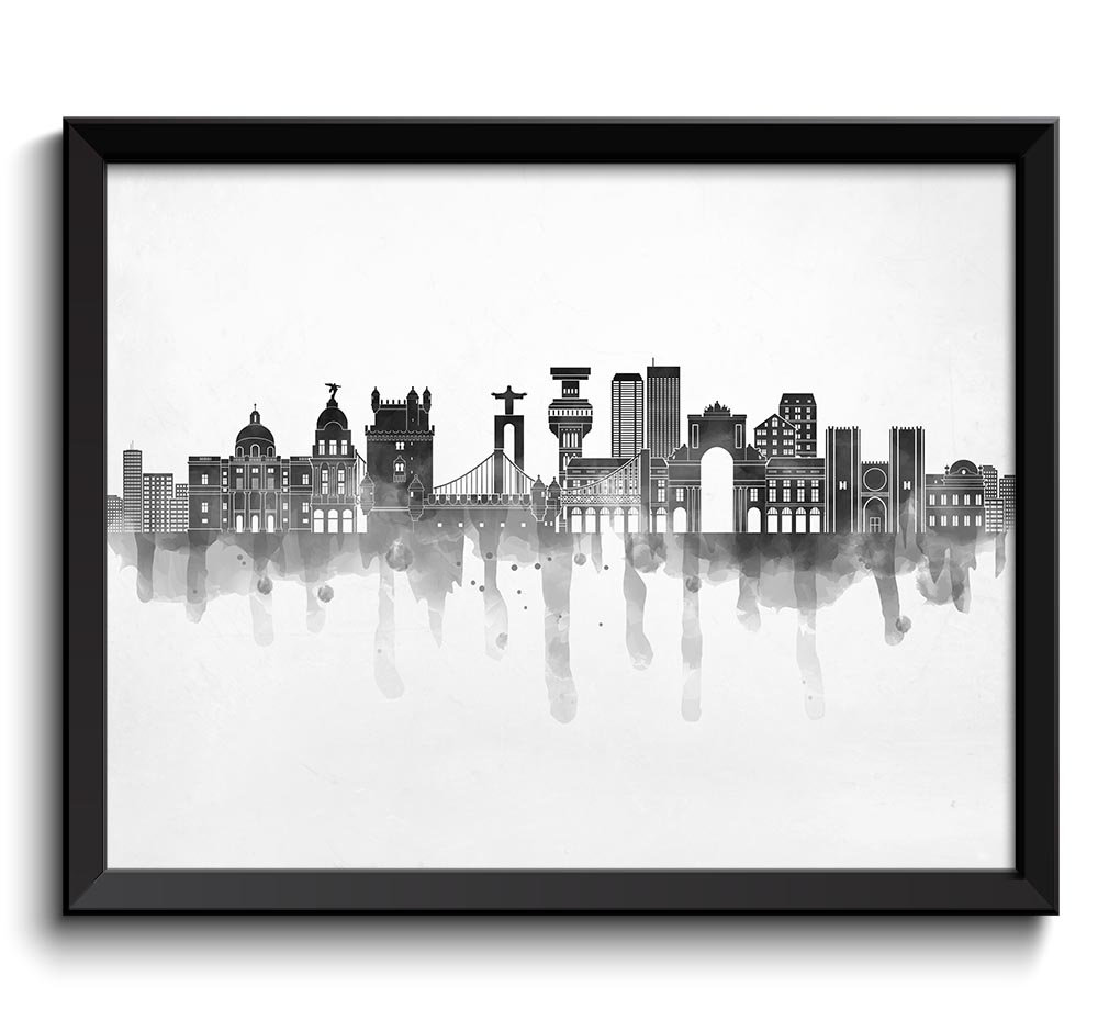 Lisbon Skyline City Grey Black White Cityscape Portugal Europe Famous Landmark Poster Print Abstract