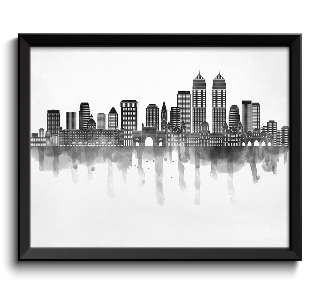 Mumbai Skyline Grey Black White Cityscape Bombay India Famous Landmarks Poster Print Modern Abstract