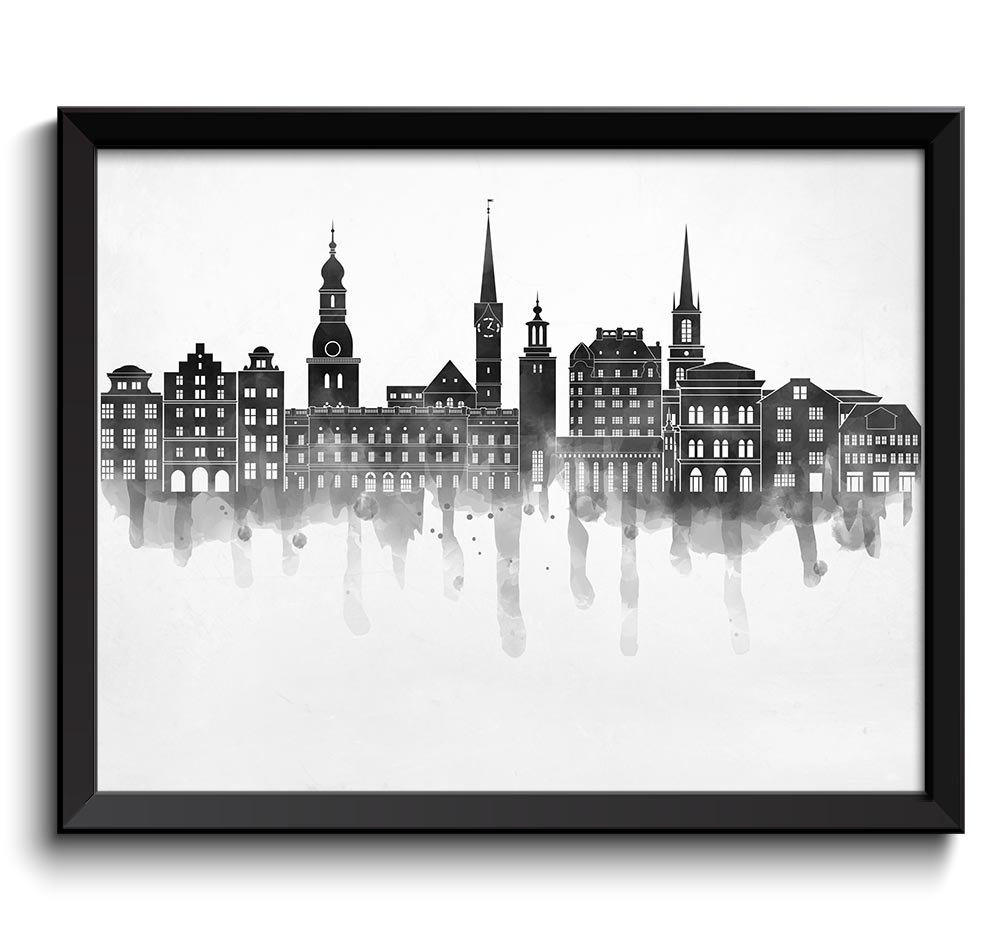 Stockholm Skyline City Grey Black White Cityscape Sweden Europe Famous Landmarks Poster Print Landsc