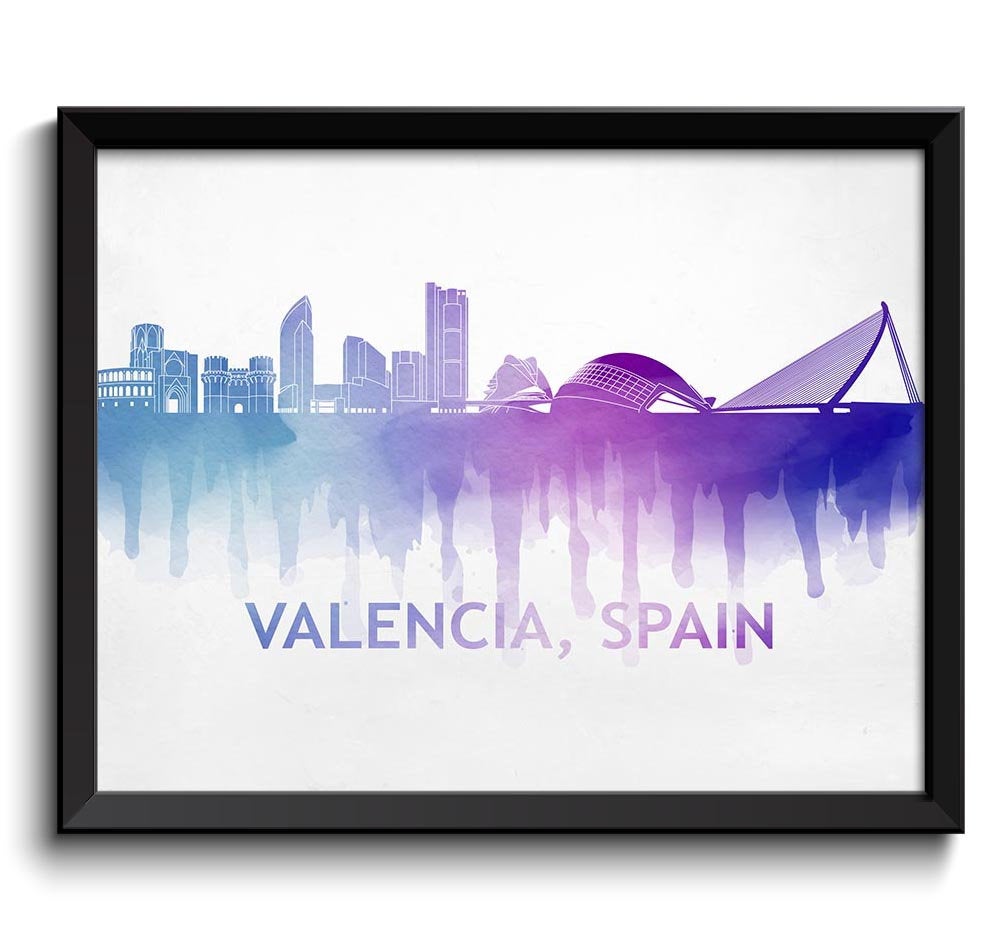 Valencia Skyline City Navy Blue Purple Cityscape Spain Europe Famous Landmarks Poster Print Abstract