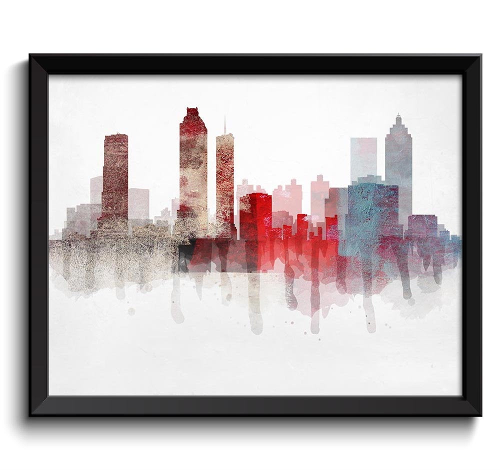 Georgia Atlanta Red Blue Brown Grey Skyline USA United States Cityscape Art Print Poster Watercolor 