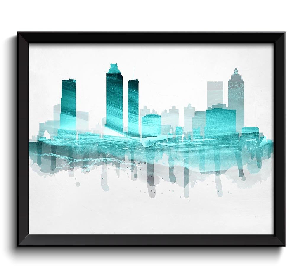 Georgia Blue Teal Atlanta Skyline USA United States Cityscape Art Print Poster Watercolor Painting