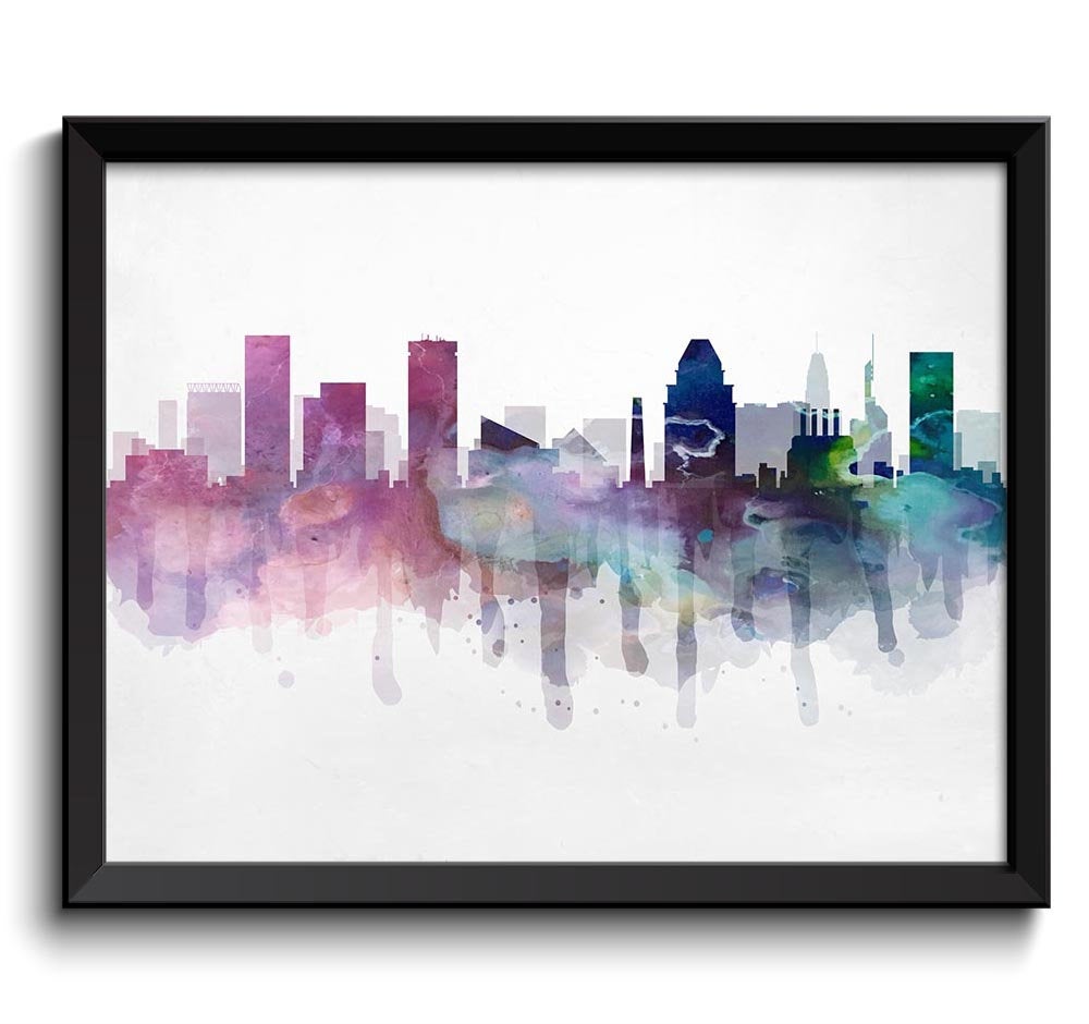 Baltimore Pink Blue Grey Skyline Maryland USA United States Cityscape Art Print Poster Watercolor Pa