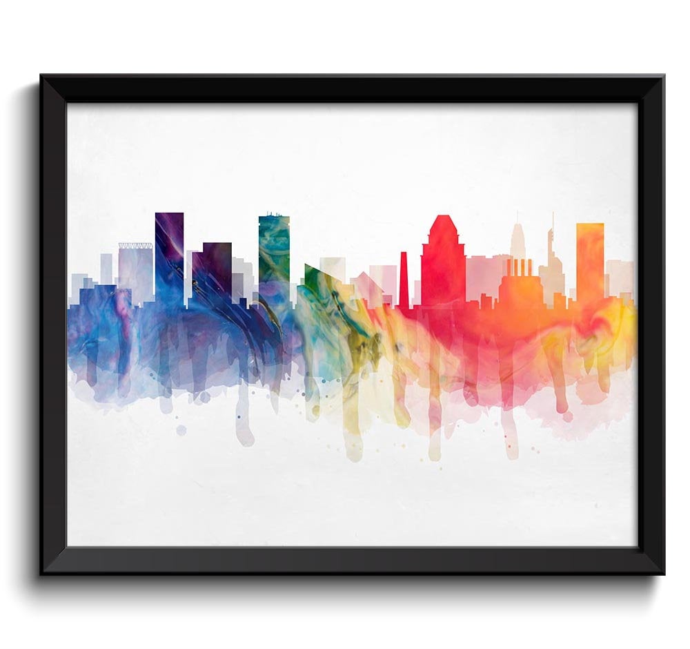 Baltimore Rainbow Red Blue Yellow Green Skyline Maryland USA United States Cityscape Art Print Poste