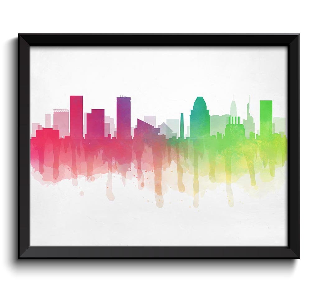 Baltimore Pink Purple Lime Green Grey Skyline Maryland USA United States Cityscape Art Print Poster 