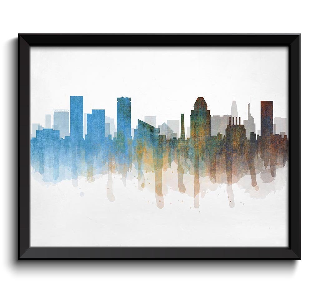 Baltimore Blue Brown Yellow Skyline Maryland USA United States Cityscape Art Print Poster Watercolor