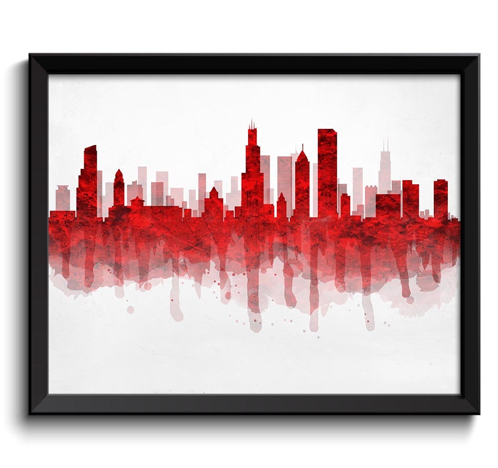 Chicago Red Black and Grey Skyline Illinois USA United States Cityscape Art Print Poster Watercolor 