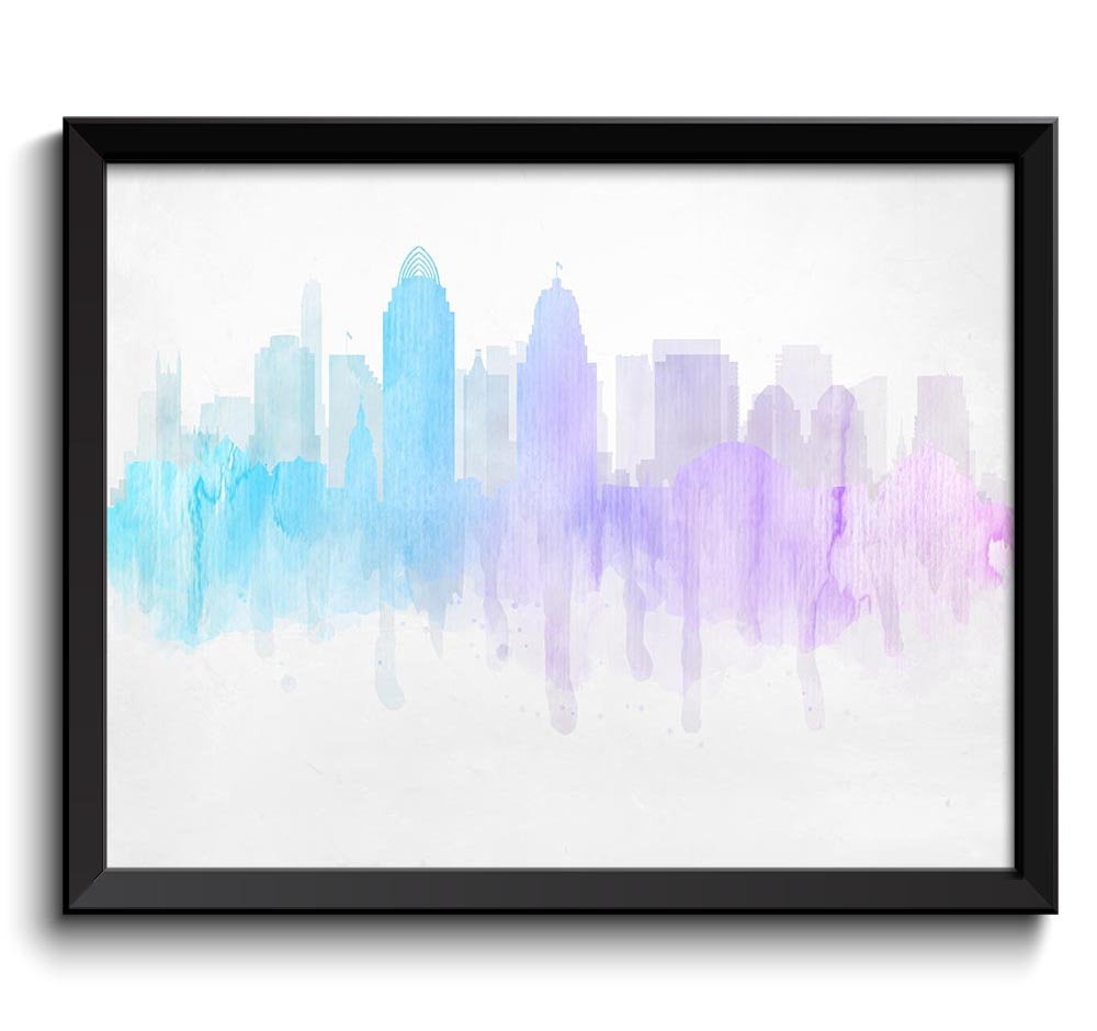 Cincinnati Light Blue Purple Pink Grey Skyline Ohio USA United States Modern Cityscape Art Print Pos