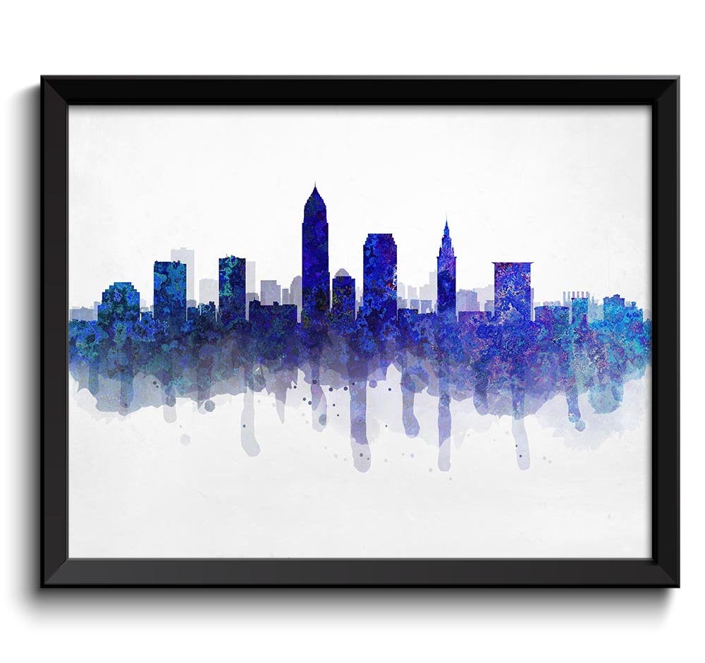 Cleveland Navy Blue Grey Black Skyline Ohio USA United States Cityscape Art Print Poster Watercolor 