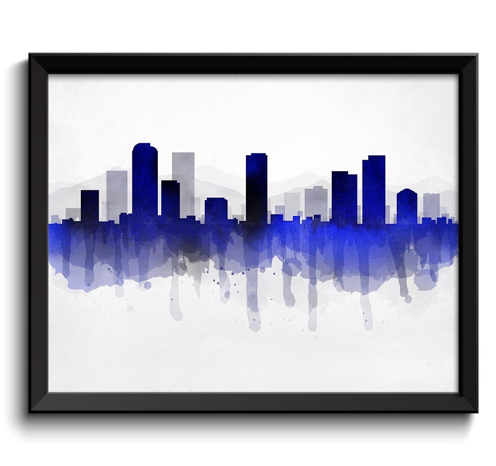 Denver Navy Blue Black Skyline Colorado USA United States Cityscape Art Print Poster Watercolor Pain