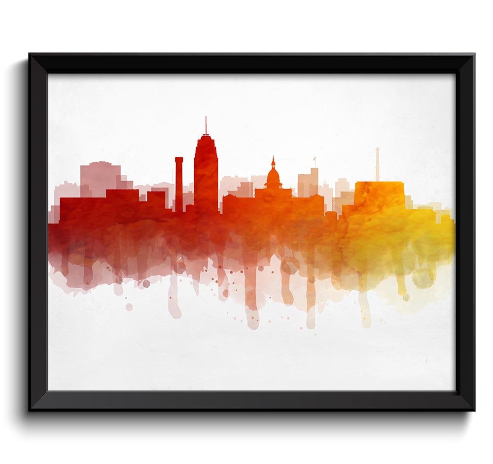 Lansing Red Orange Yellow Skyline Michigan USA United States Cityscape Art Print Poster Watercolor P