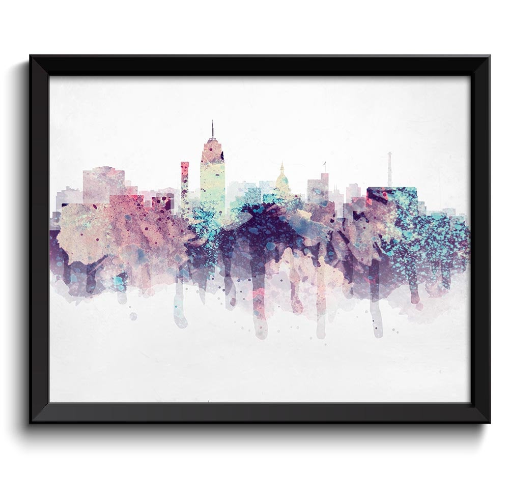 Lansing Pink Purple Turquoise Blue Skyline Michigan USA United States Cityscape Art Print Poster Wat