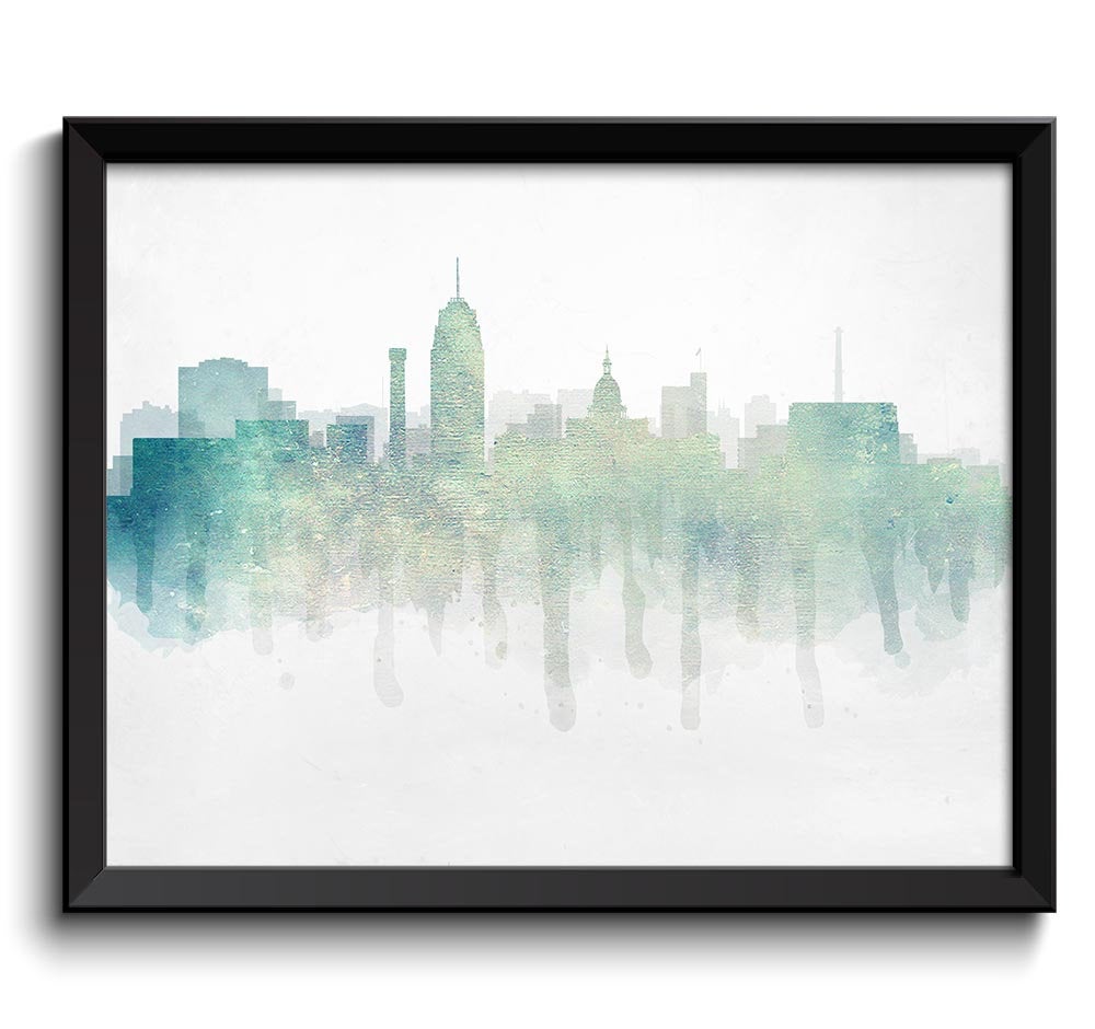 Lansing Icy Light Turquose Blue Skyline Michigan USA United States Cityscape Art Print Poster Waterc