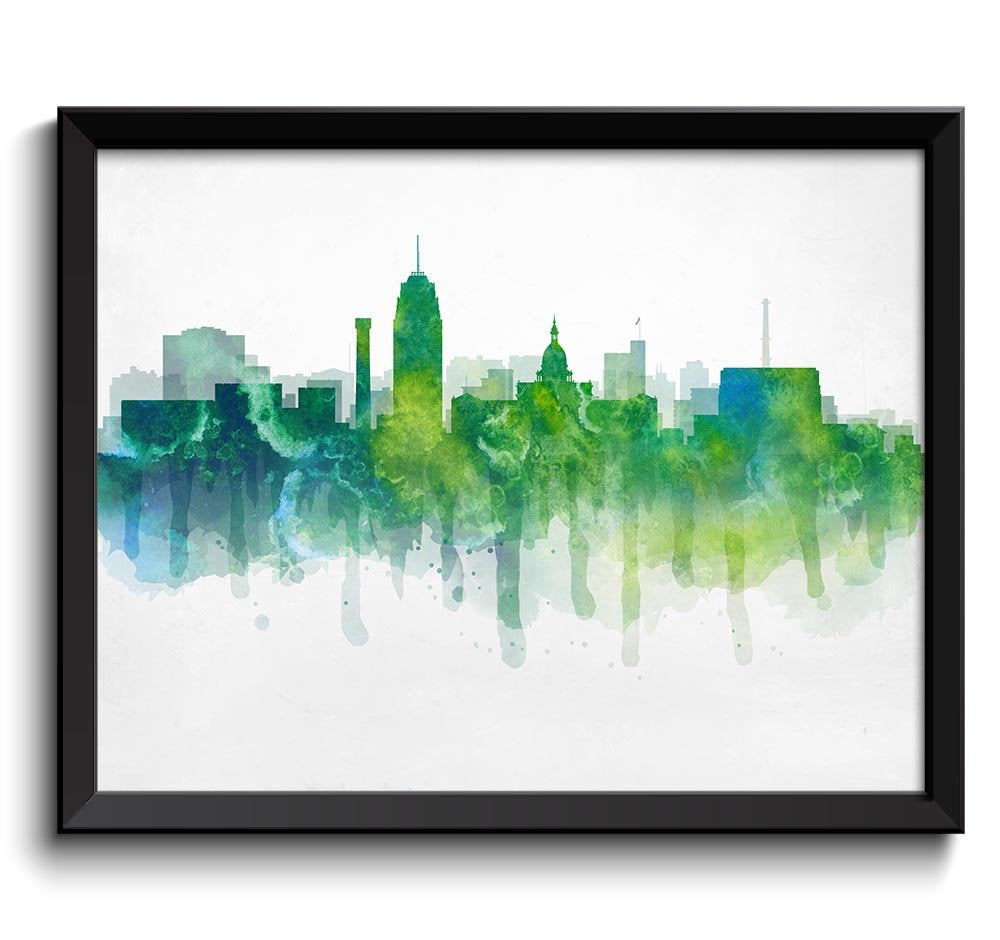 Lansing Icy Green Blue Turquose Yellow Skyline Michigan USA United States Cityscape Art Print Poster