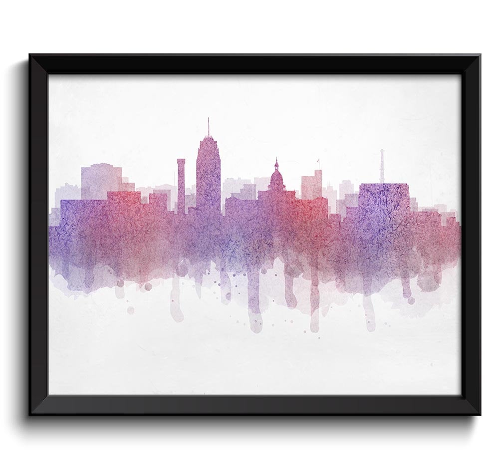 Lansing Pink Purple Grey Skyline Michigan USA United States Cityscape Art Print Poster Watercolor Pa