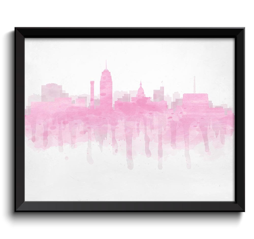 Lansing Pink Grey Skyline Michigan USA United States Cityscape Art Print Poster Watercolor Painting