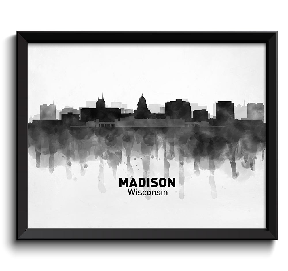 Madison Skyline Wisconsin City Name USA United States Cityscape Art Print Poster Black White Grey Wa