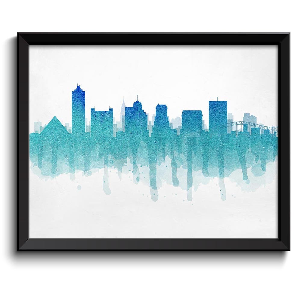 Memphis Turquoise Blue Skyline Tennessee USA United States Cityscape Art Print Poster Watercolor Pai