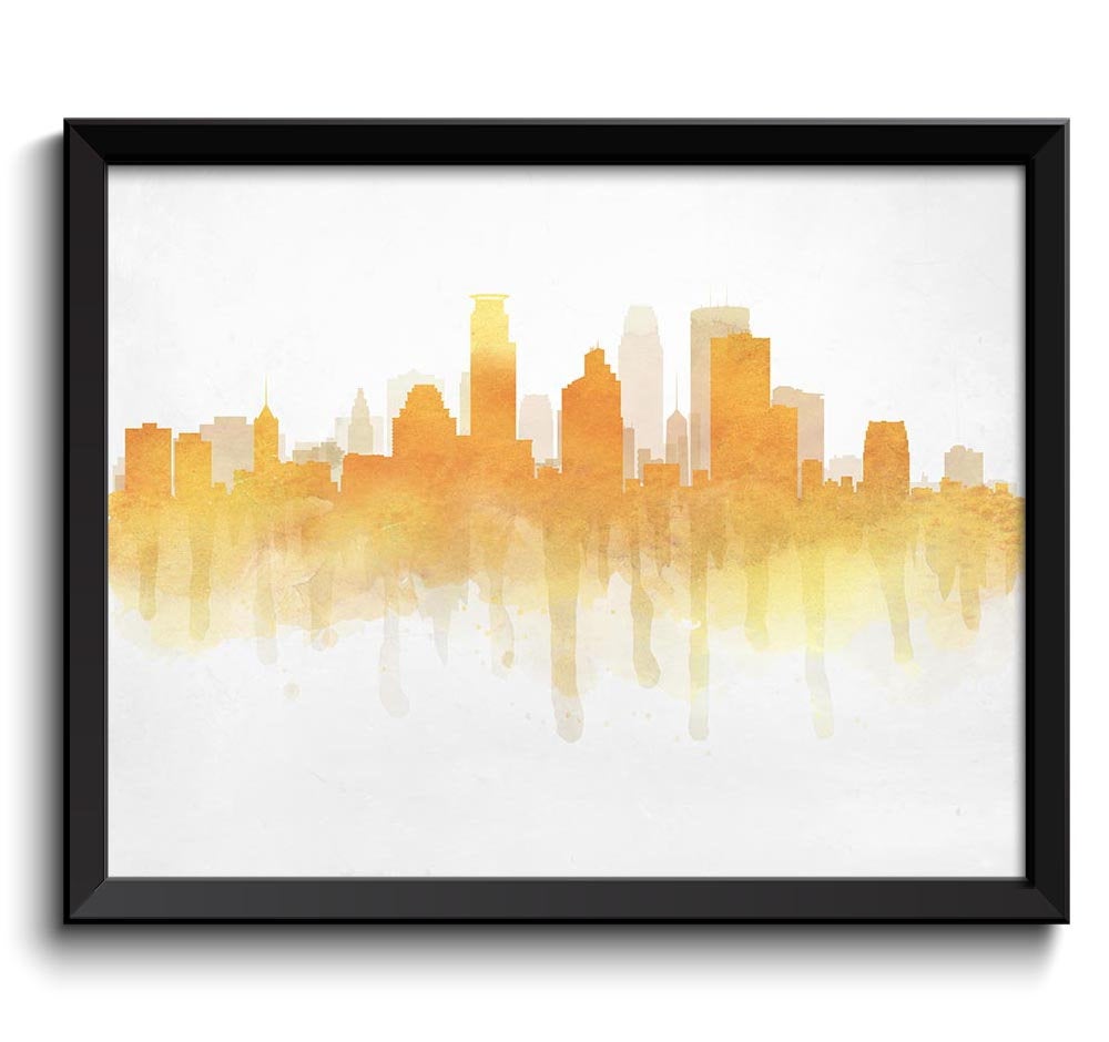 Minneapolis Yellow Gold Orange Skyline Minnesota USA United States Cityscape Art Print Poster Gray W