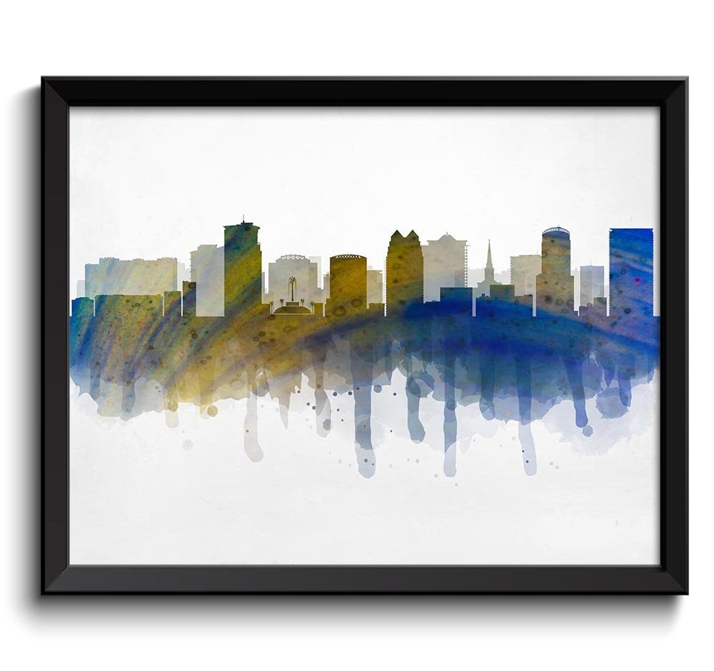 Florida Yellow Navy Blue Orlando Skyline USA United States Cityscape Art Print Poster Watercolor Pai