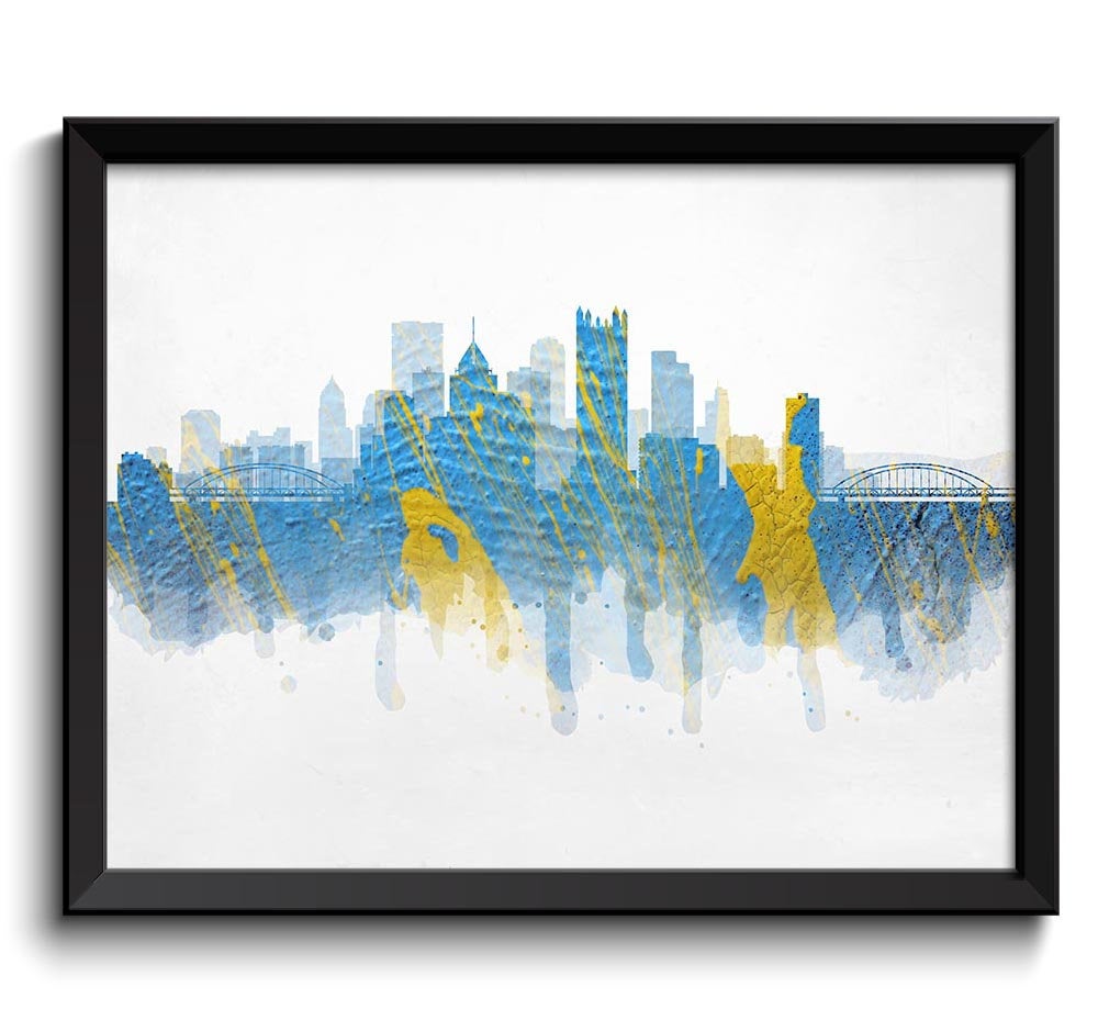 Pittsburgh Yellow Blue Skyline Pennsylvania USA United States Cityscape Art Print Poster Watercolor 