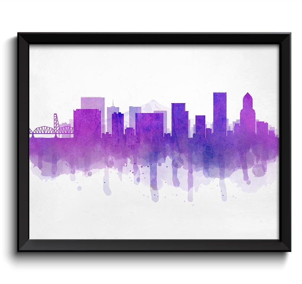 Portland Pink Purple Skyline Oregon USA United States Cityscape Art Print Poster Watercolor Painting